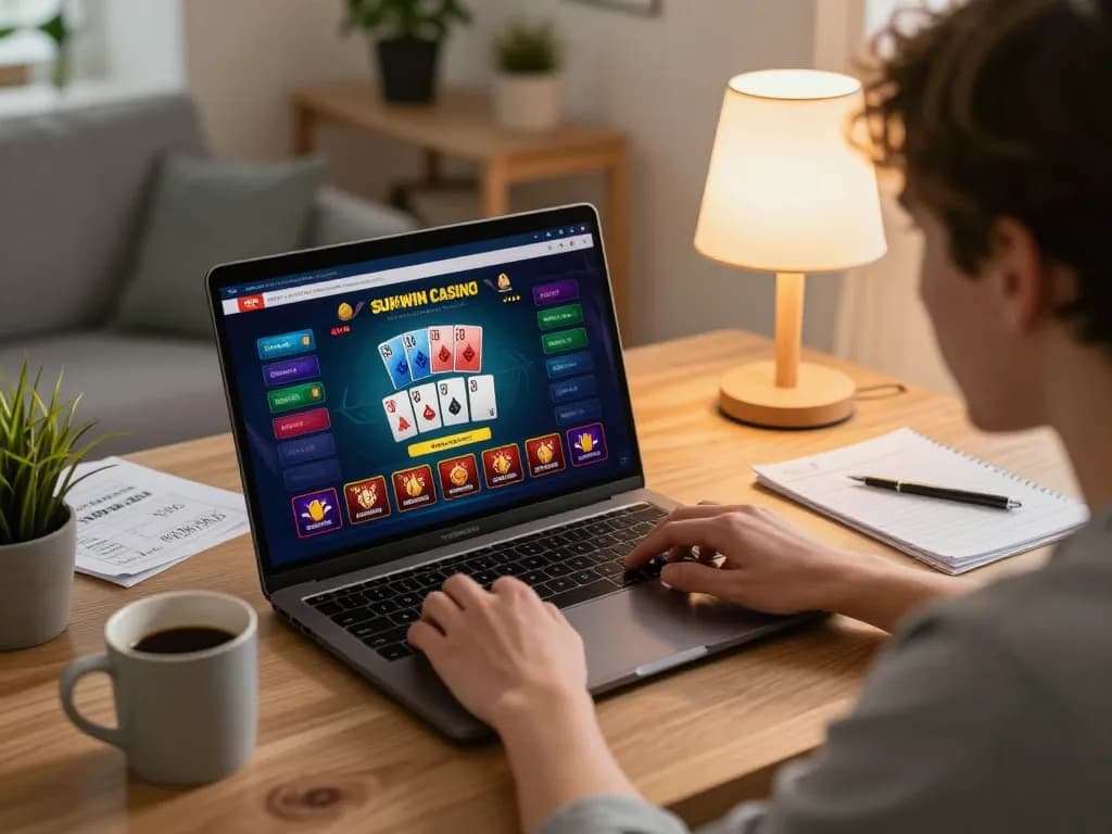 Engaging player using sunwin online casino platform for poker, showcasing exciting betting action and home gaming setup.