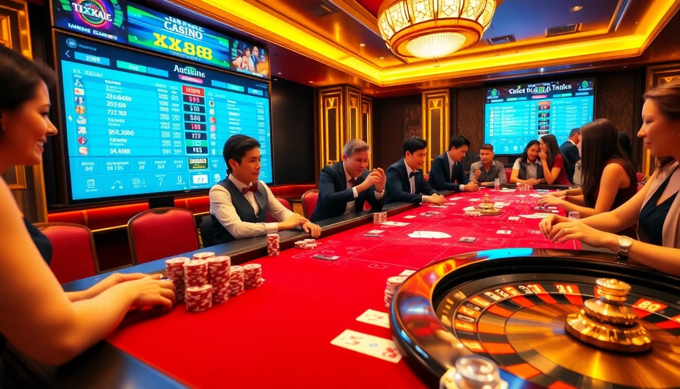 Experience the excitement of XX88 with vibrant casino visuals showcasing gambling action.