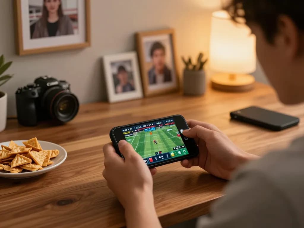 Player using smartphone to engage in sports betting on 23win in a cozy home setup