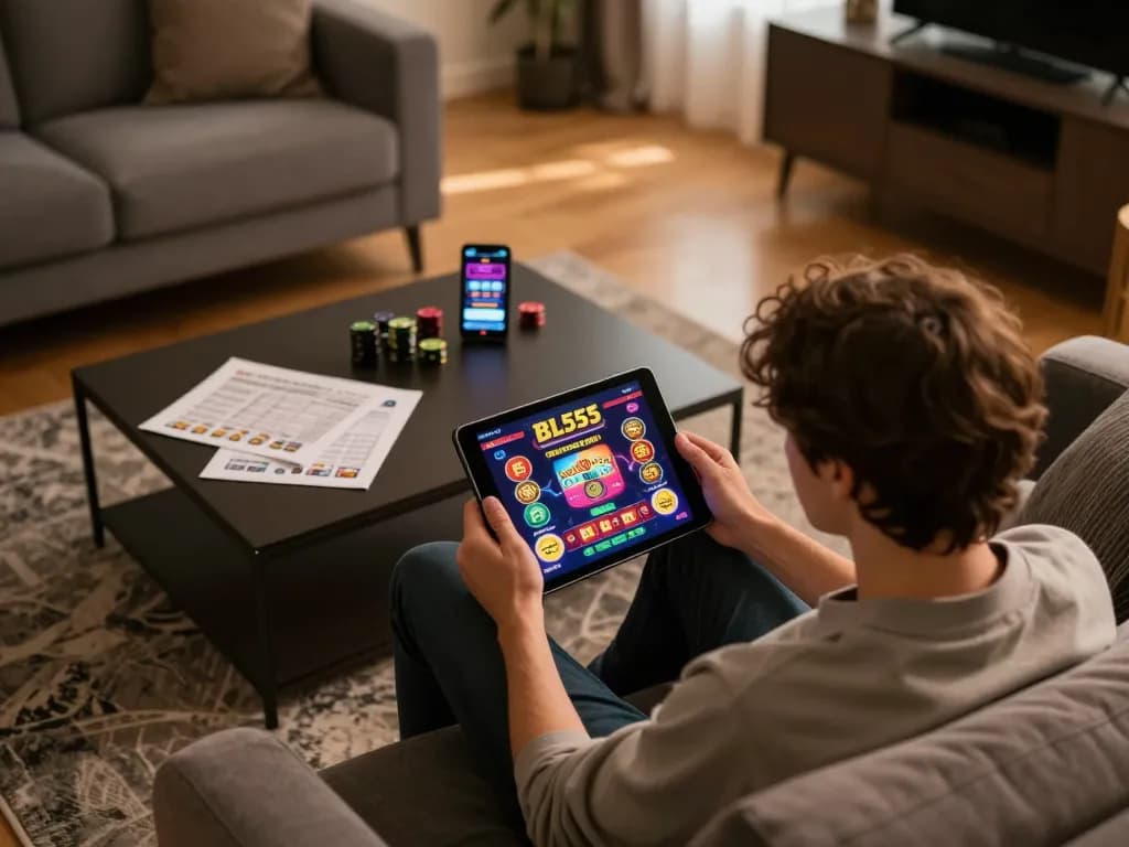 Player enjoying BL555 online casino game on tablet in cozy home setting.