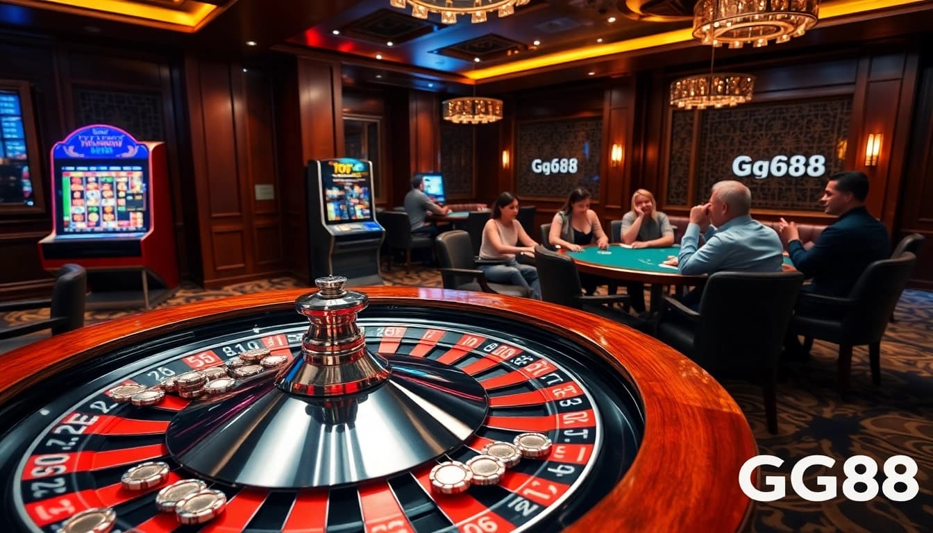 Experience excitement at the GG88 casino with vibrant roulette and poker setups, capturing the thrill of betting.