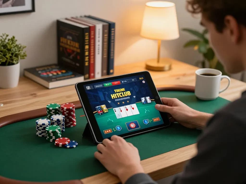 HITCLUB player strategizing with poker chips at home using tablet for online gambling.
