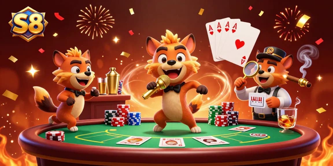 S8 hyenas entertain in a lively casino scene, complete with poker chips and festive confetti.