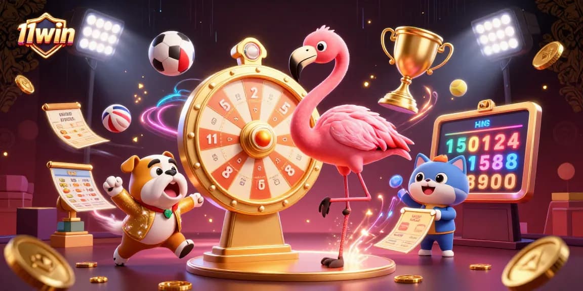 Spin to win with 11win's dynamic game show scene showcasing exciting prizes and sports elements.