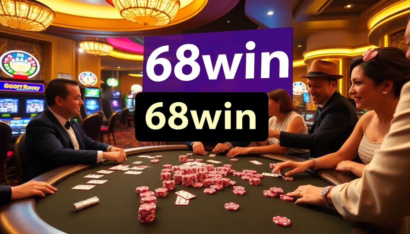 Players enjoying high-stakes poker at 68win casino, surrounded by vibrant slot machines.