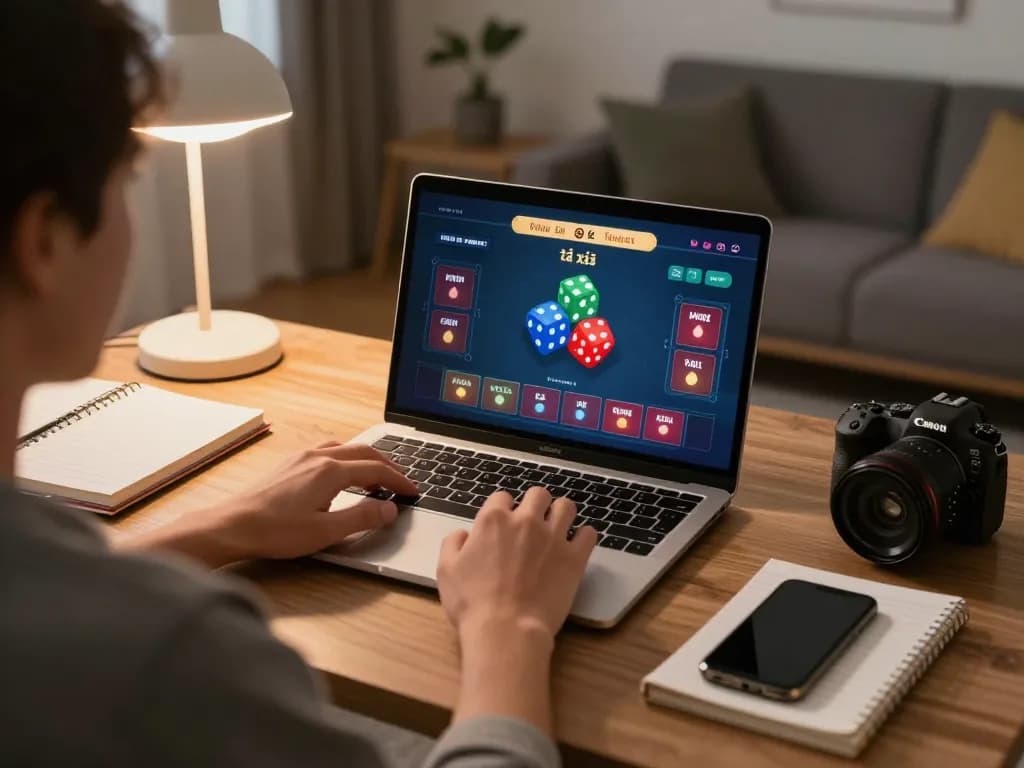 Tài xỉu online being played on a laptop in a cozy home setting, showcasing a responsible gaming atmosphere.