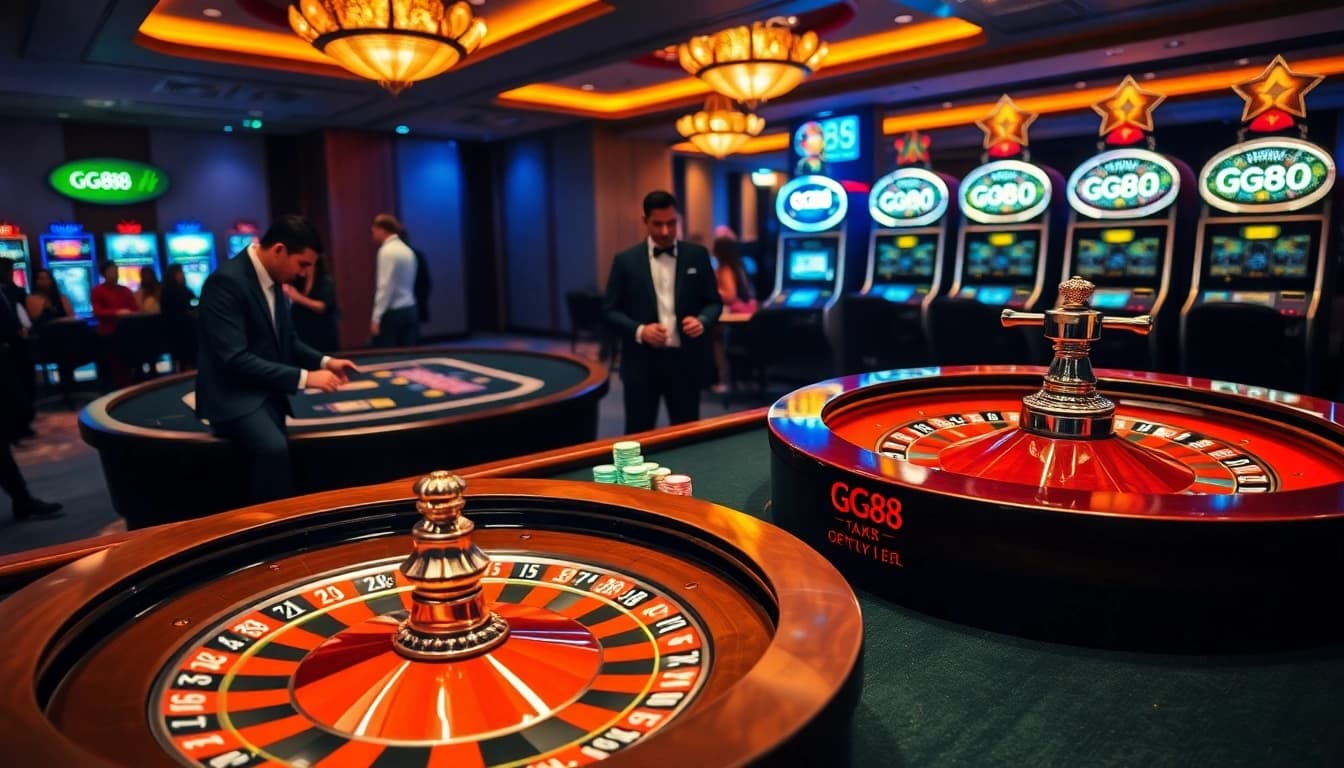 GG88 roulette wheel spinning with colorful chips on a plush velvet casino table.