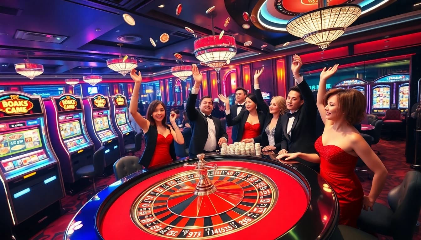 Players enjoying a thrilling game at ee88 casino amidst vibrant lights and luxurious decor.