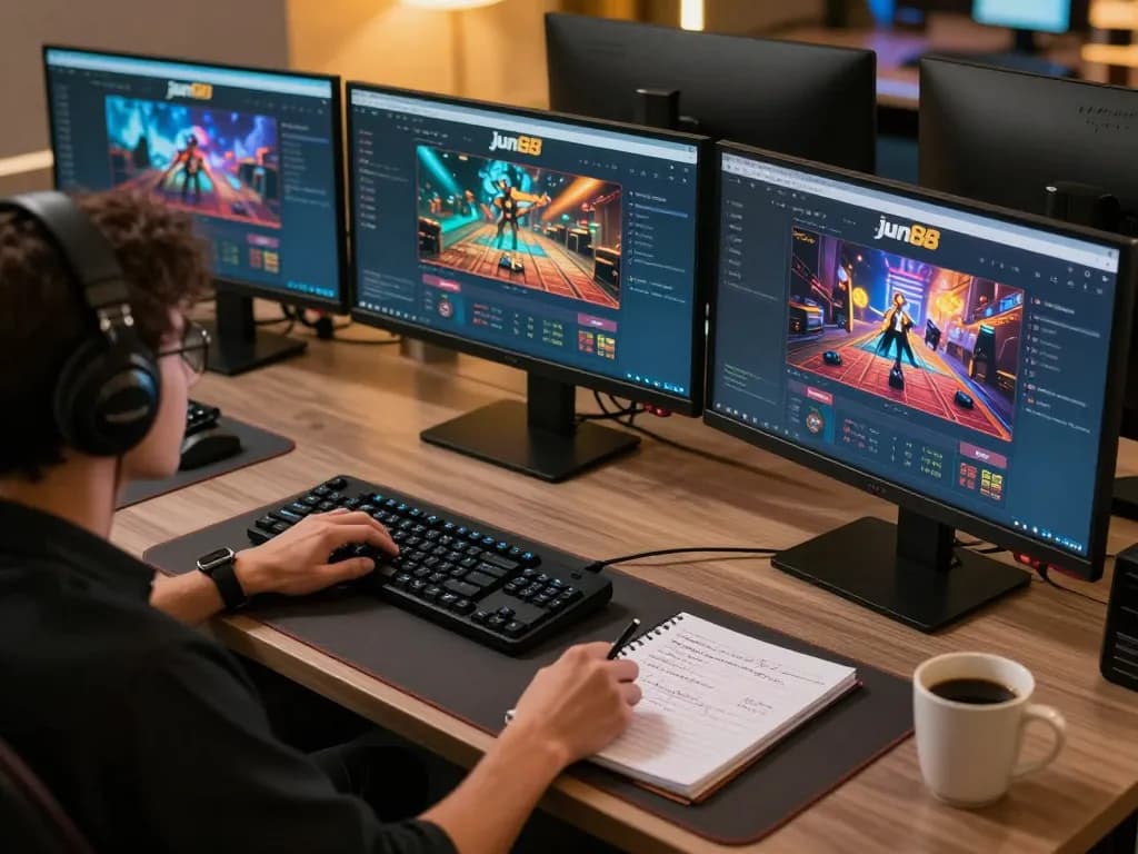 Engaged player navigating jun88 online casino's dynamic game interface from a well-designed home workspace