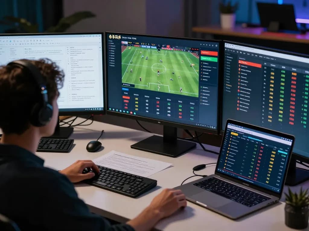Kèo Nhà Cái sports betting setup with live odds on screens and strategy notes.