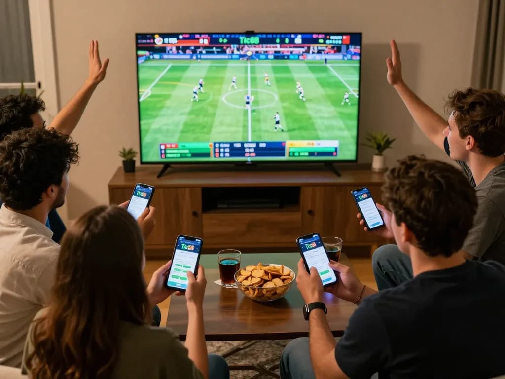 Tic88 app showcased during a lively sports betting night with friends celebrating a big win