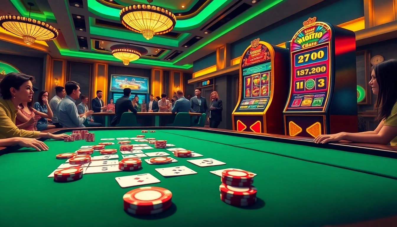 Exciting gambling moment at Okfun's casino with vibrant poker chips and digital slot machine.