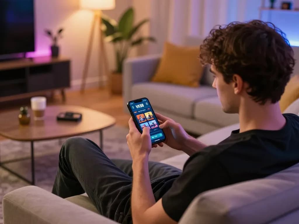 Player engaging with the VK88 casino app on a smartphone in a cozy home setting.