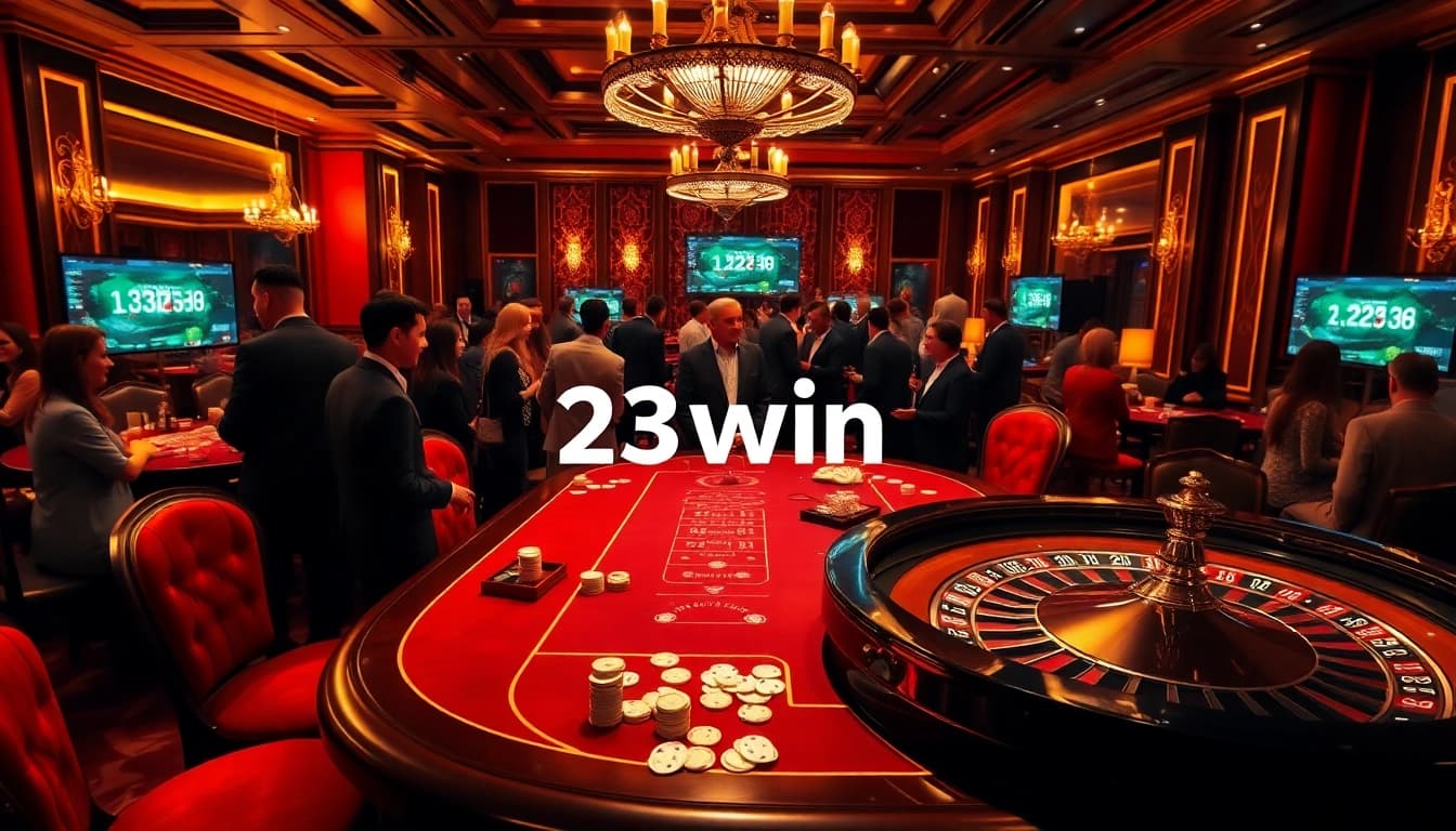 Engaging casino gameplay at 23win with lively poker chips and a roulette wheel.