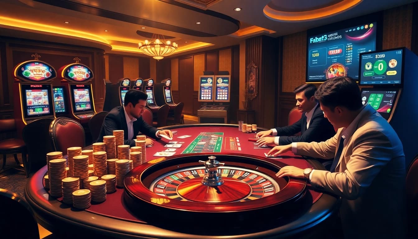 Engage in high-stakes poker at fabet3.com with vibrant chips and a spinning roulette wheel.