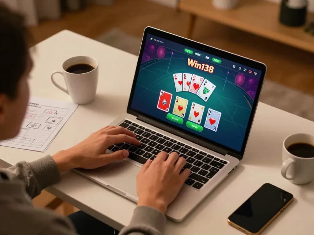 Experience Win138 online blackjack gameplay on a laptop in a cozy home setup.