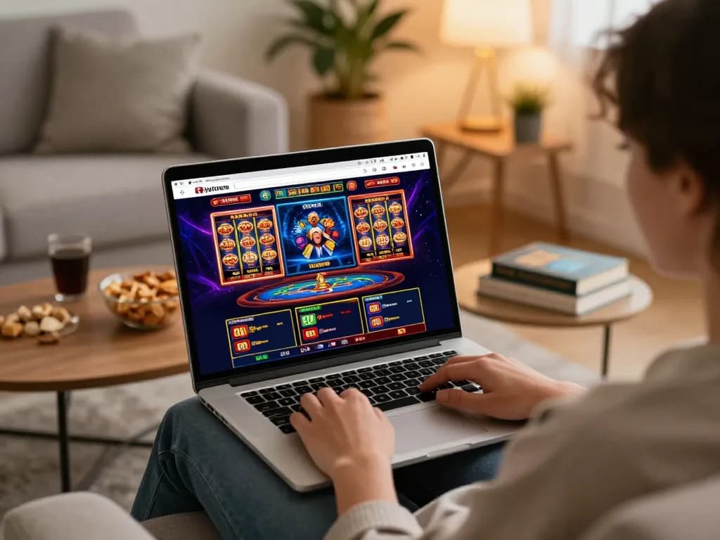Players engaging in thrilling gameplay at SV368HN online casino on a laptop in a cozy setting.