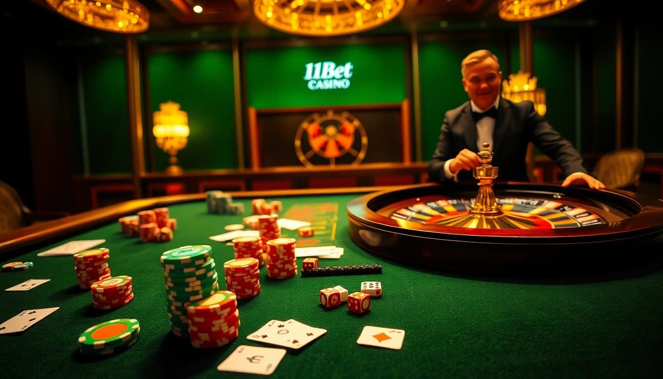 Engage with 11Bet's thrilling casino scene showcasing poker, roulette, and vibrant gambling elements.