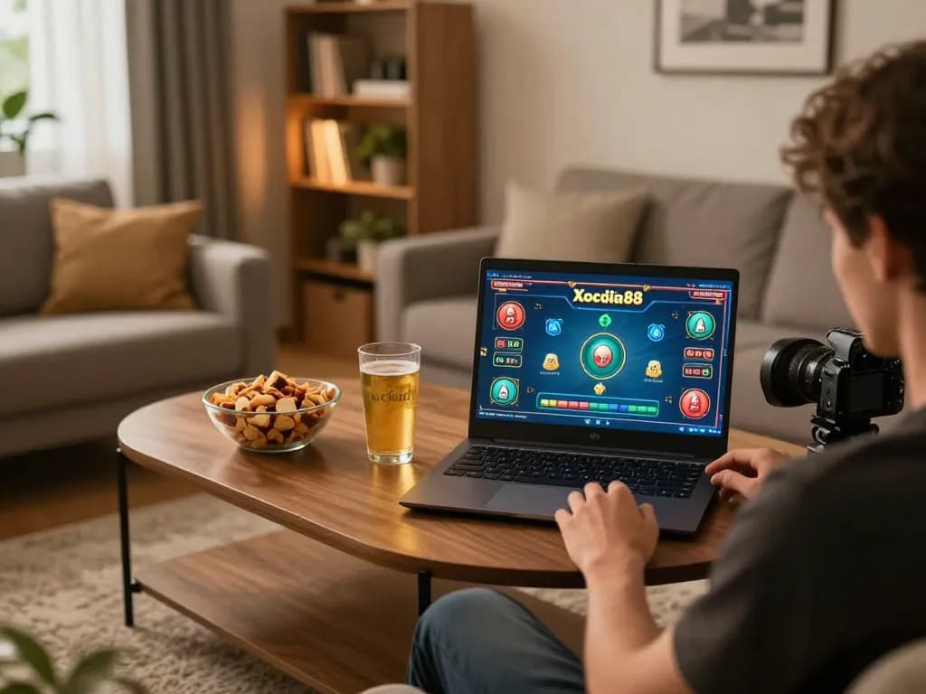 Xocdia88 player engaged in online gaming at home on laptop, showcasing vibrant gameplay.