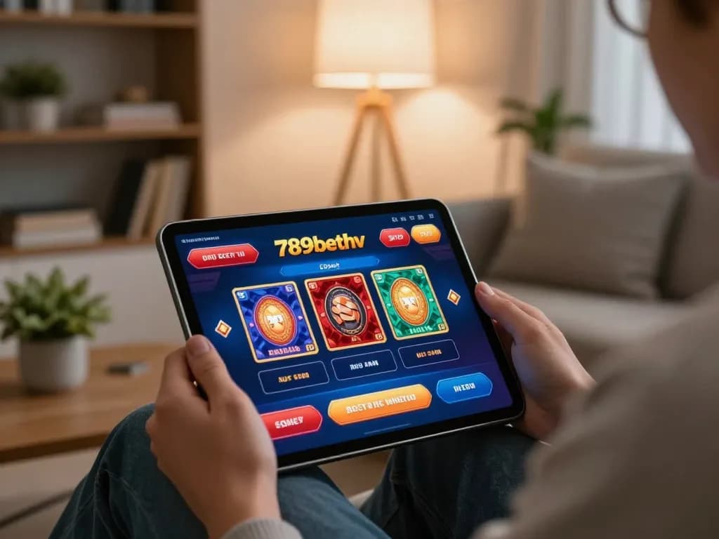 Experience engaging gameplay with 789bethv on a tablet in a stylish living room ambiance