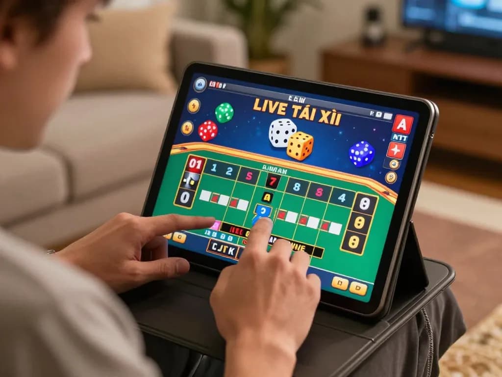 Player engaging with an exciting online Tài Xỉu game on a tablet, showcasing the thrill of interactive gambling.