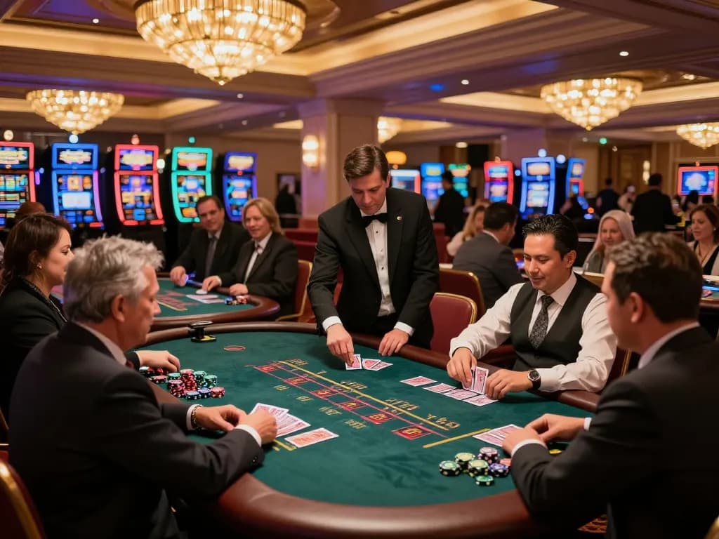 Players enjoying blackjack at a luxurious casino while exploring cakhiatv for sports betting.