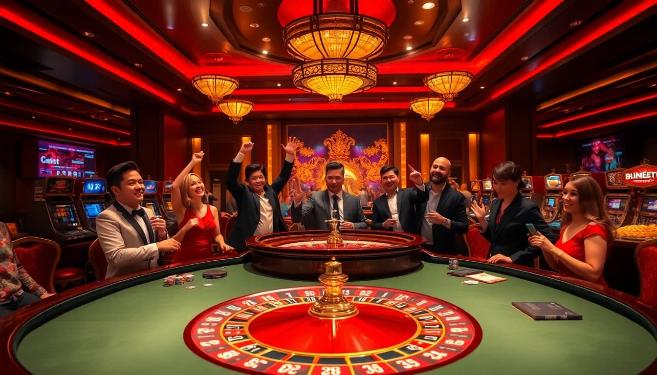 Experience the thrill of betting at 8kbet, featuring a vibrant casino atmosphere with roulette and poker elements.