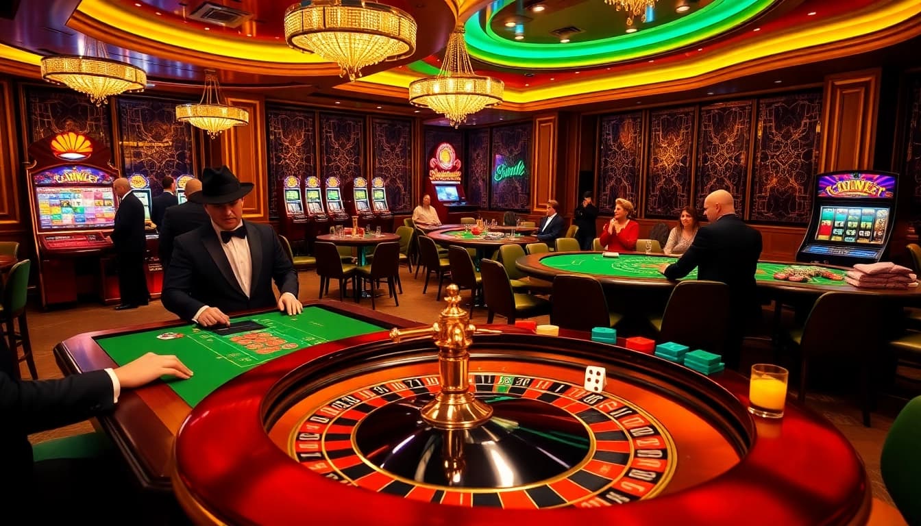 Gamblers enjoying a thrilling game at 789club casino with roulette and poker tables.
