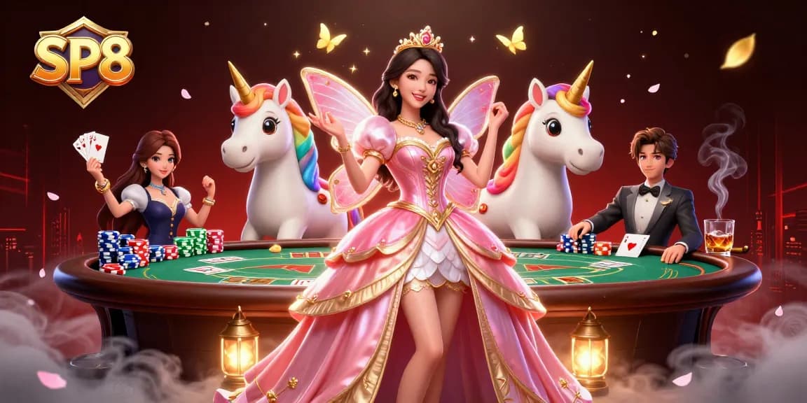 Engage with SP8 by experiencing vibrant casino action amidst colorful poker elements and fairy-tale characters.
