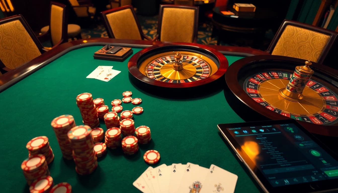 Engaging poker game scene at https://bem88.com, featuring chips, cards, and roulette wheel.