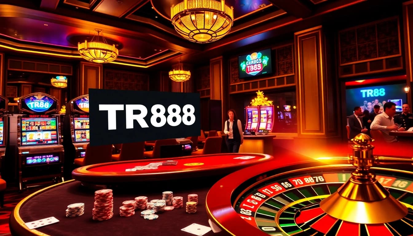 Engaging casino scene showcasing TR88, vibrant poker chips, roulette wheel, and immersive online gambling interface.