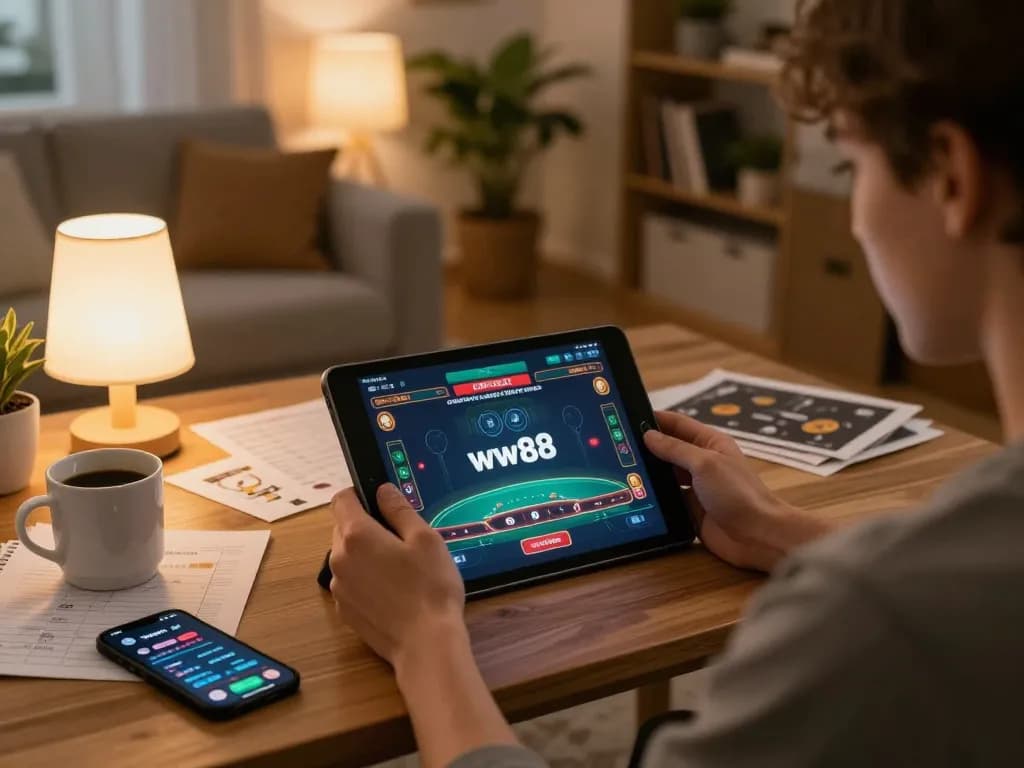 Engaging scene of a player using the ww88 app for online casino gaming at home with strategy notes.