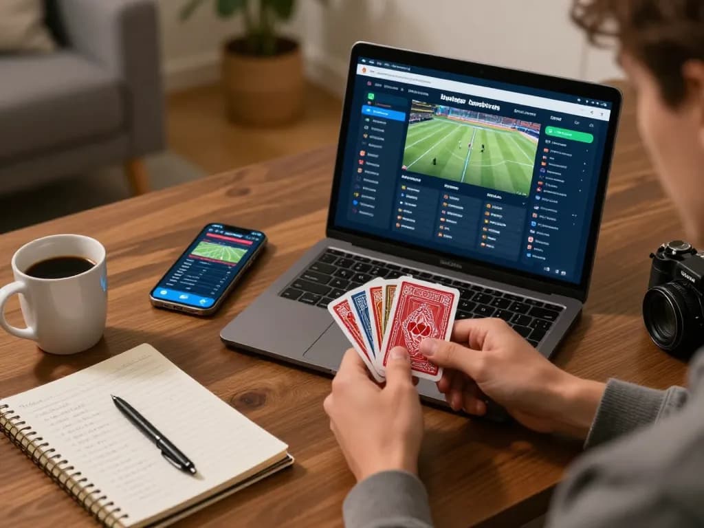 Player analyzing SC88 online poker strategies at home, featuring modern gaming setup, notebook and smartphone.
