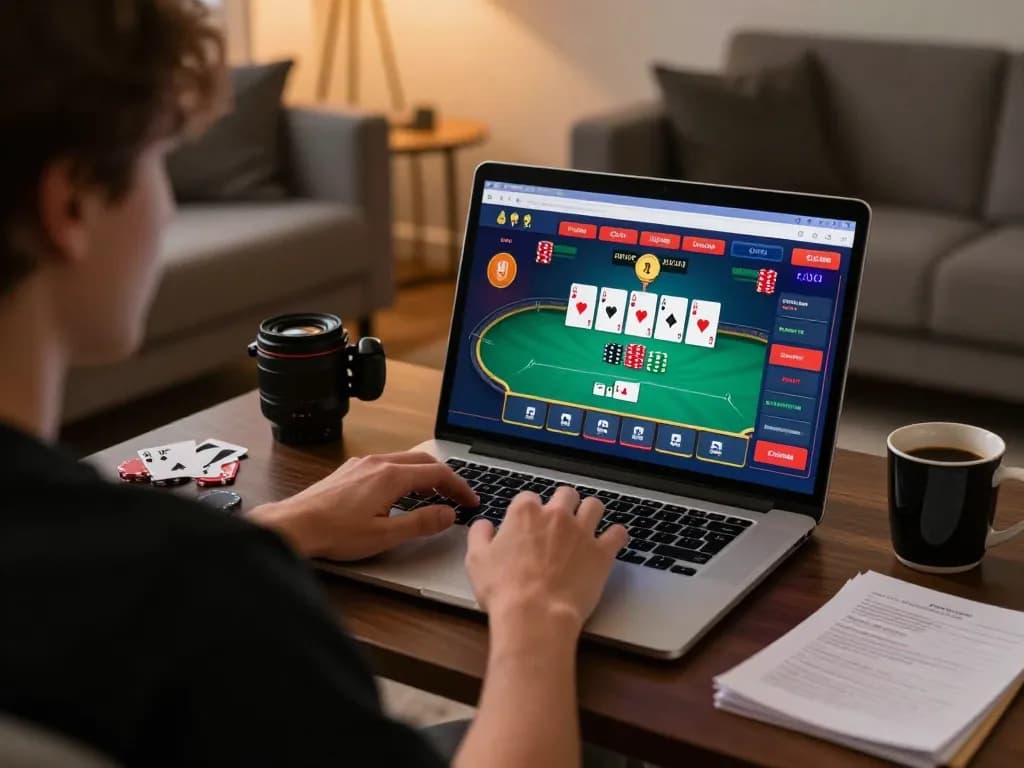 Sunwin player enjoying an immersive online poker game on a laptop with cozy home ambiance.