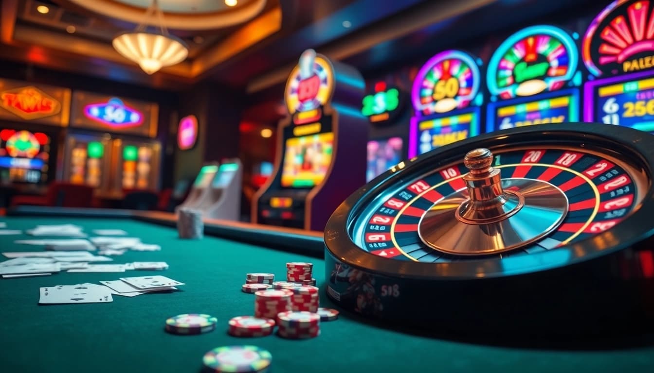 Twin68's captivating casino scene with a vibrant roulette wheel, poker chips, and dynamic slot machines.