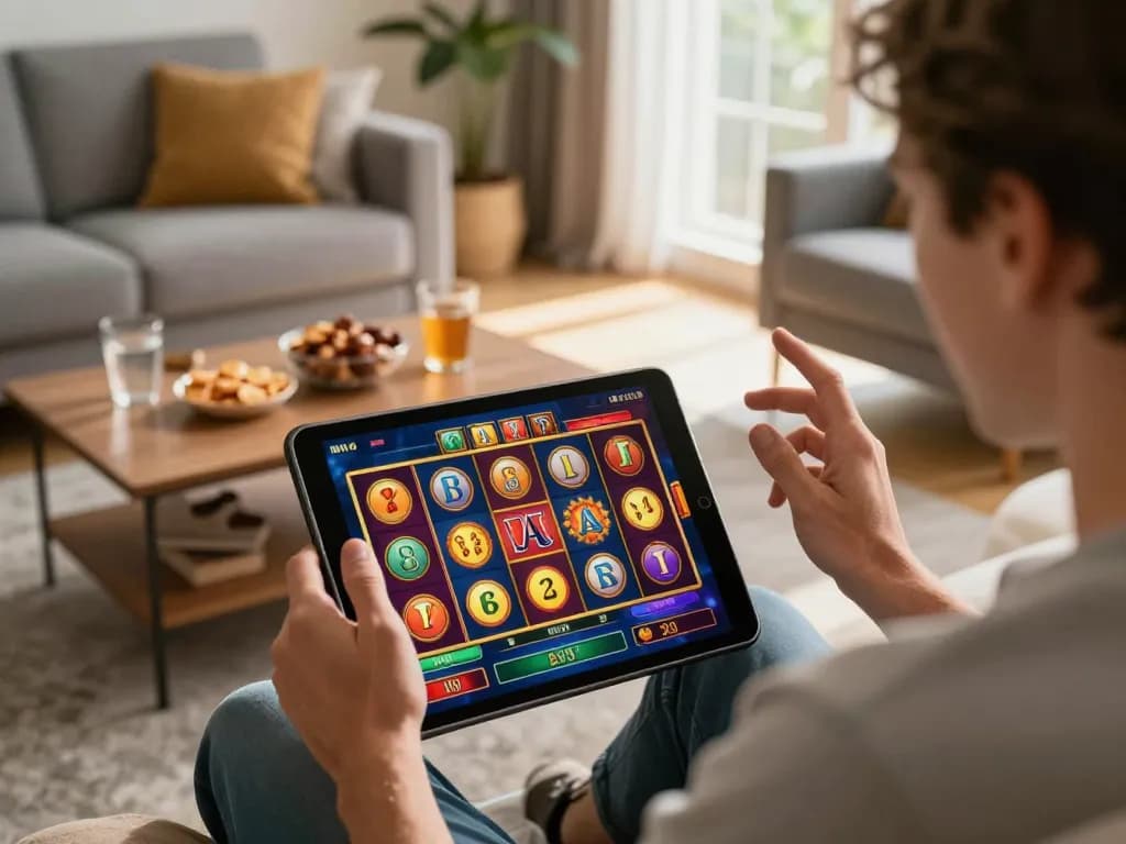 Player enjoys an engaging slot game on EE88's mobile app, showcasing excitement in a cozy home setting