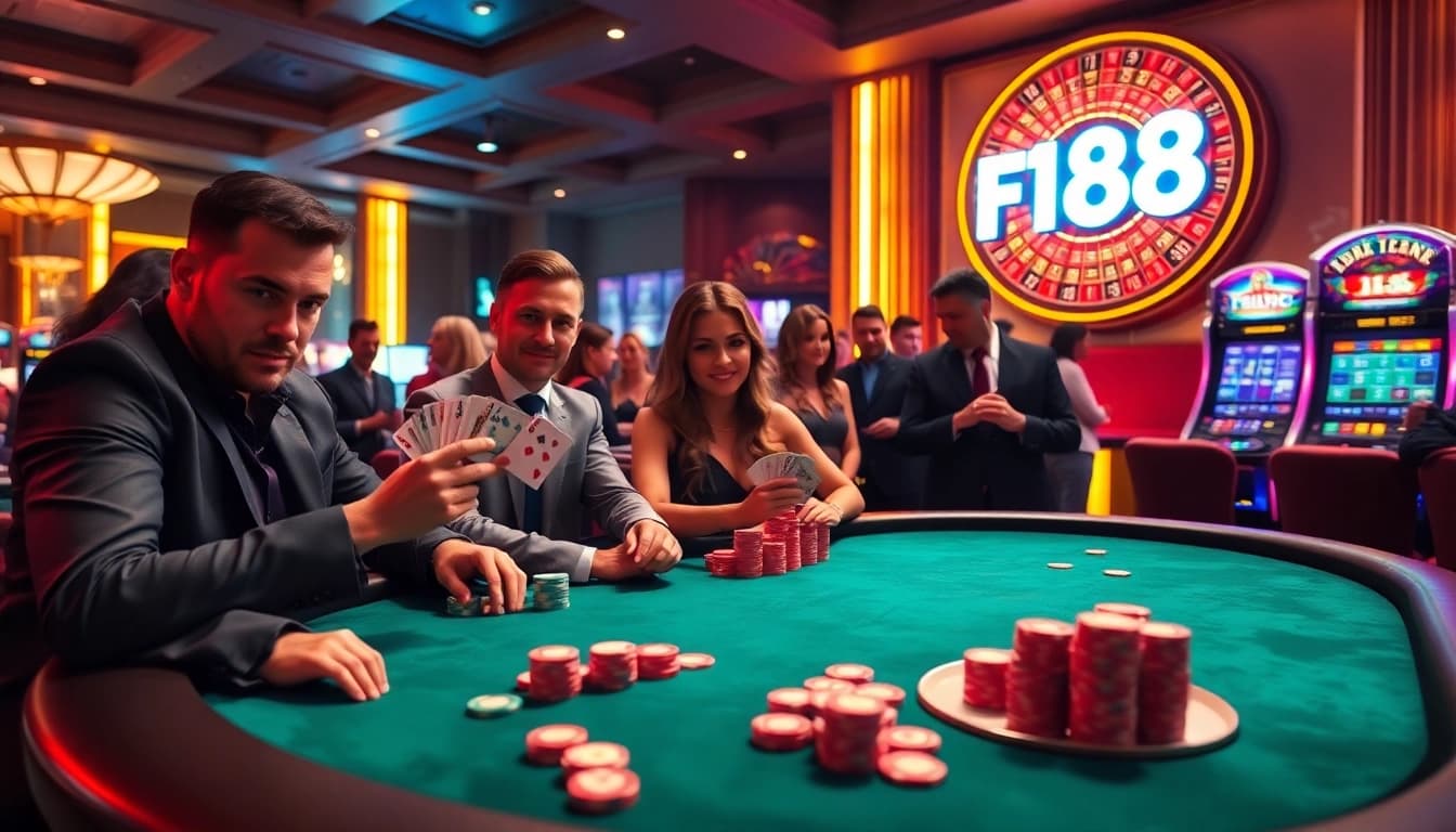 Players enjoying poker at F168 casino, surrounded by vibrant chips and an exciting atmosphere.