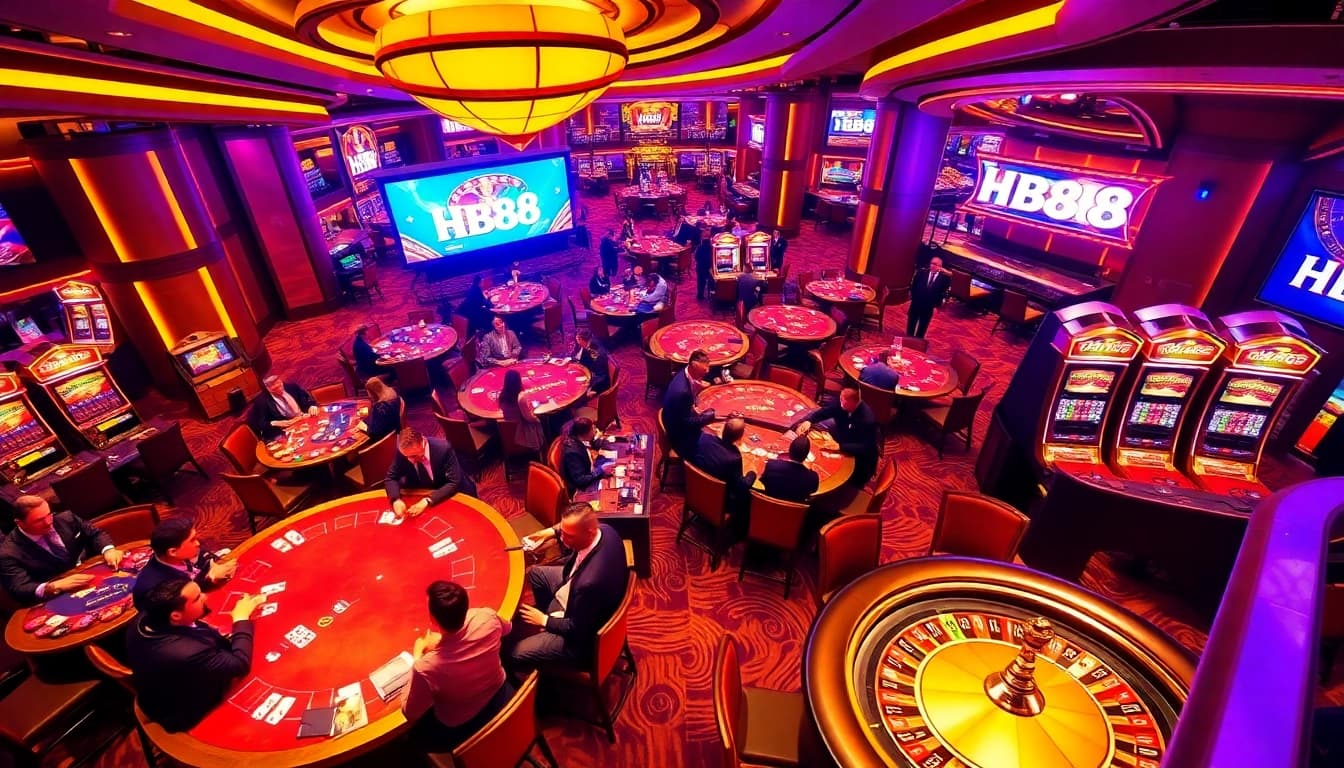 HB88 casino floor showcasing players at poker and roulette tables under vibrant lights.
