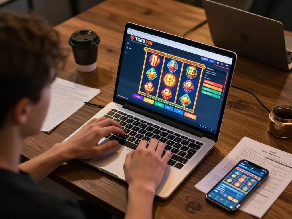 TG88 online gaming session showing a player engaged with colorful slots interface and strategy notes