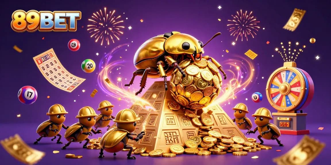 Win big with 89BET in a vibrant casino world featuring golden coins and lottery elements.