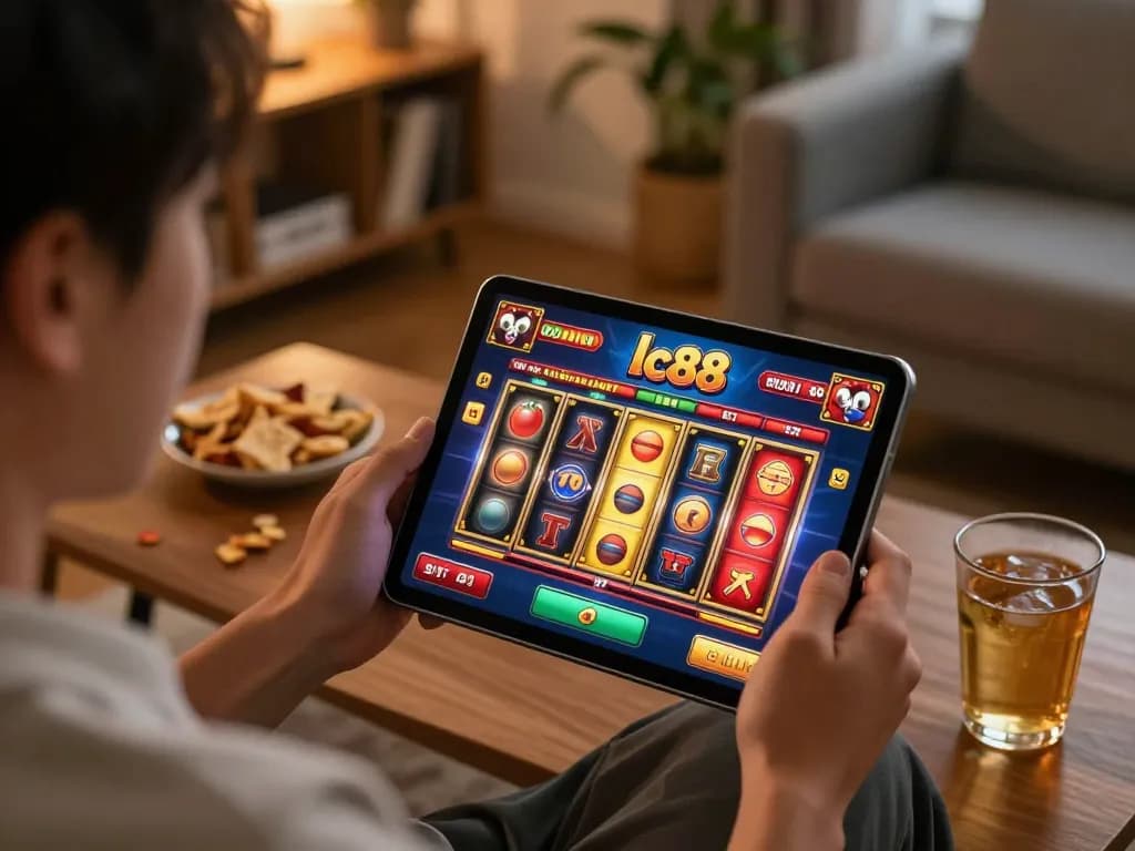 Engaged player enjoying lc88 online casino games on a tablet in a cozy living room