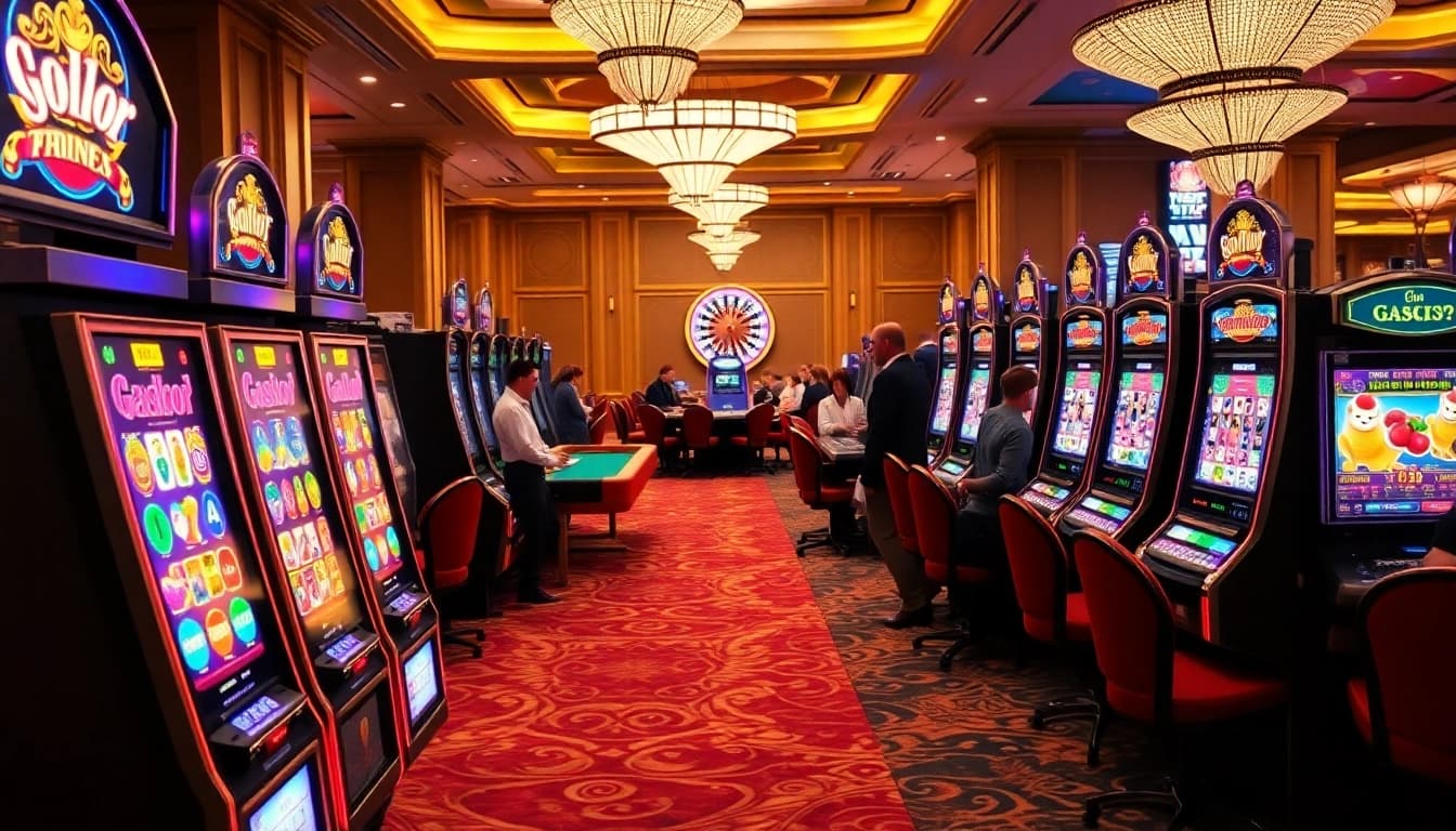 Players enjoying slot gacor machines in a glamorous casino atmosphere filled with excitement.