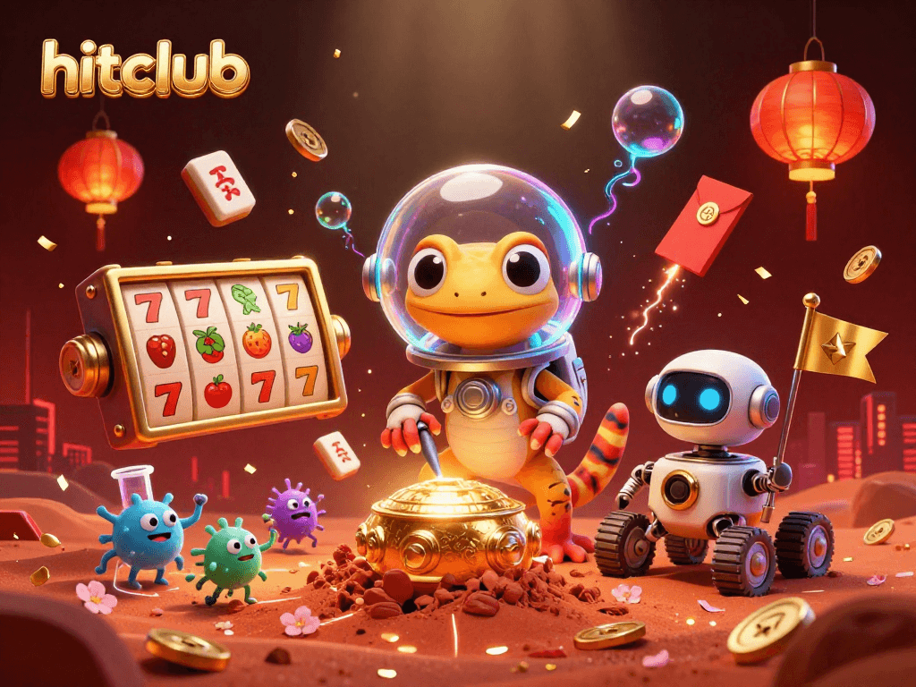 Experience gaming thrills with hitclub's vibrant casino scene featuring Martian characters and dynamic slot reels.