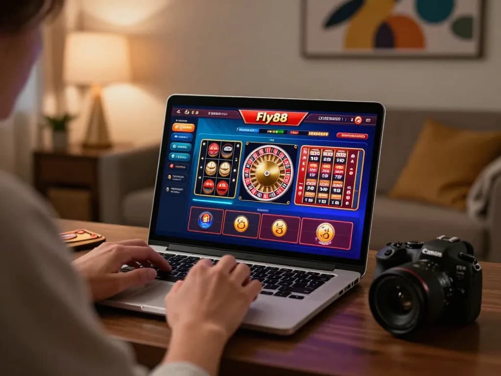 Fly88 player engaging in online slots from a cozy home setup, showcasing a vibrant gaming experience.