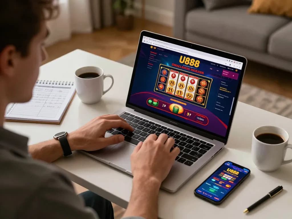 Engaging in U888 online gaming with laptop and smartphone at home, showcasing vibrant poker interface.