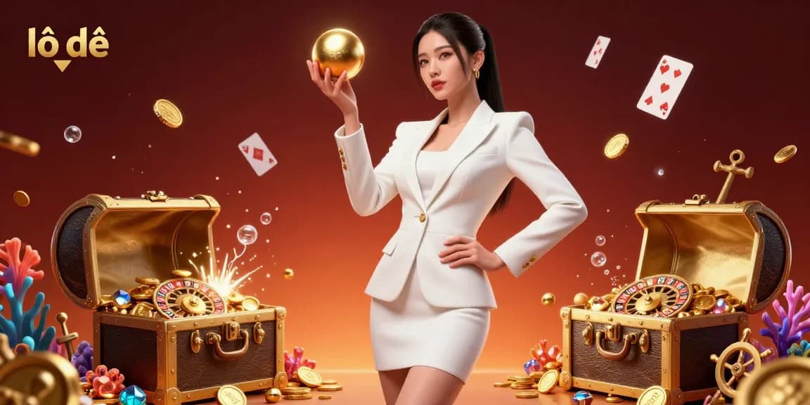 Experience the thrill of lô đề with this vibrant illustration of a confident Asian woman in a casino, showcasing engaging elements and golden accents.