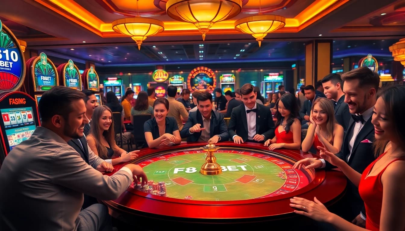 F8BET players engaged in a thrilling casino atmosphere with bright gaming tables and exciting slot machines.
