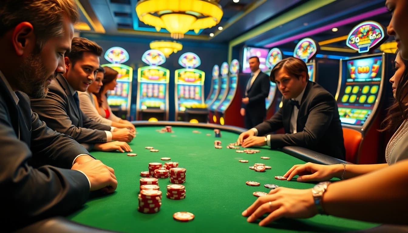 Experience the excitement of RR88 at a lively casino poker table filled with players.