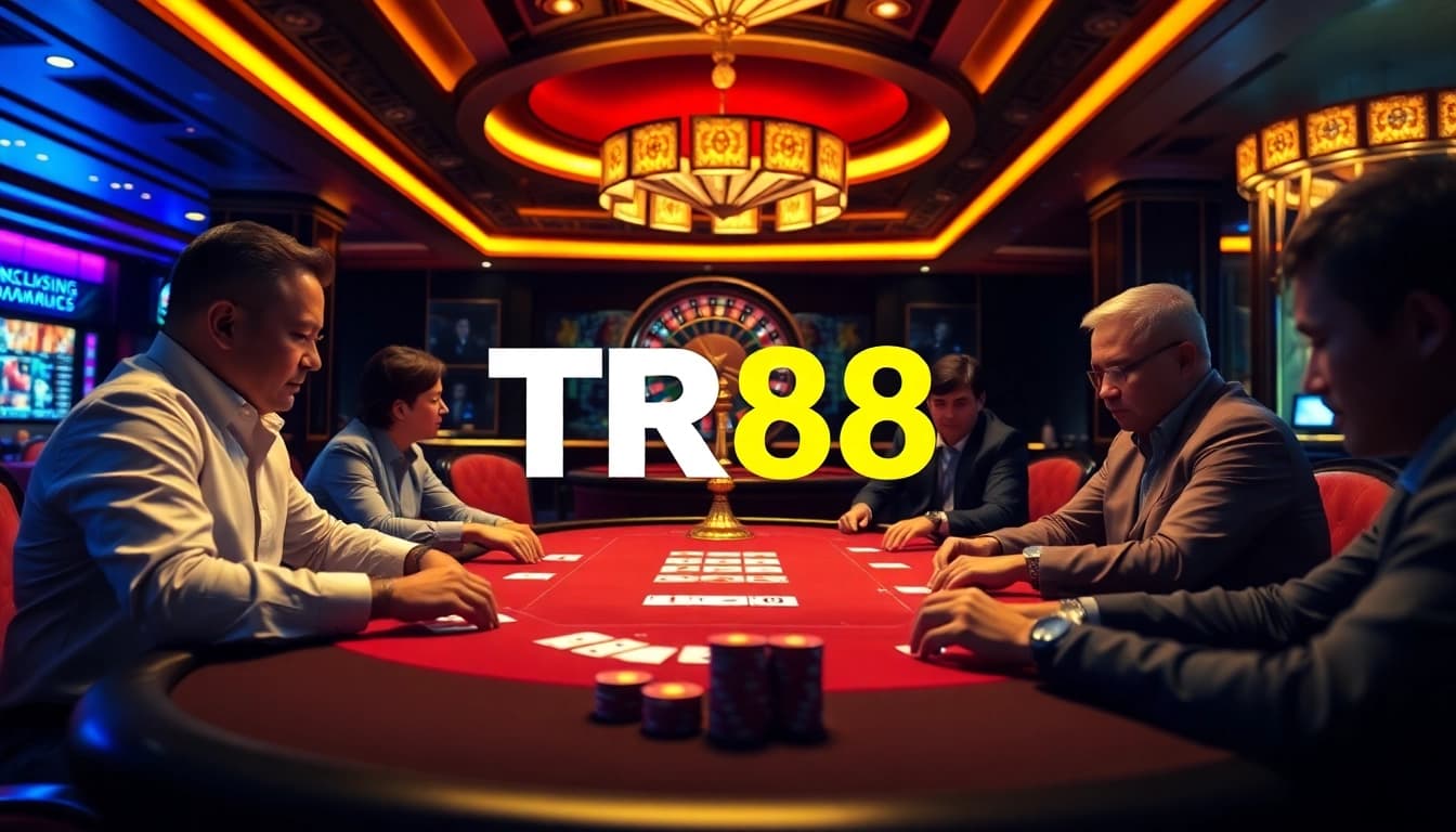 Experience the excitement of TR88 at a high-stakes poker table, featuring vibrant casino elements.