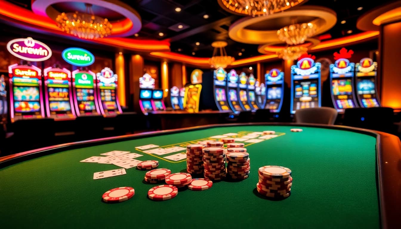 Experience the excitement of gambling at surewin's luxurious casino tables with vibrant chips and cards.